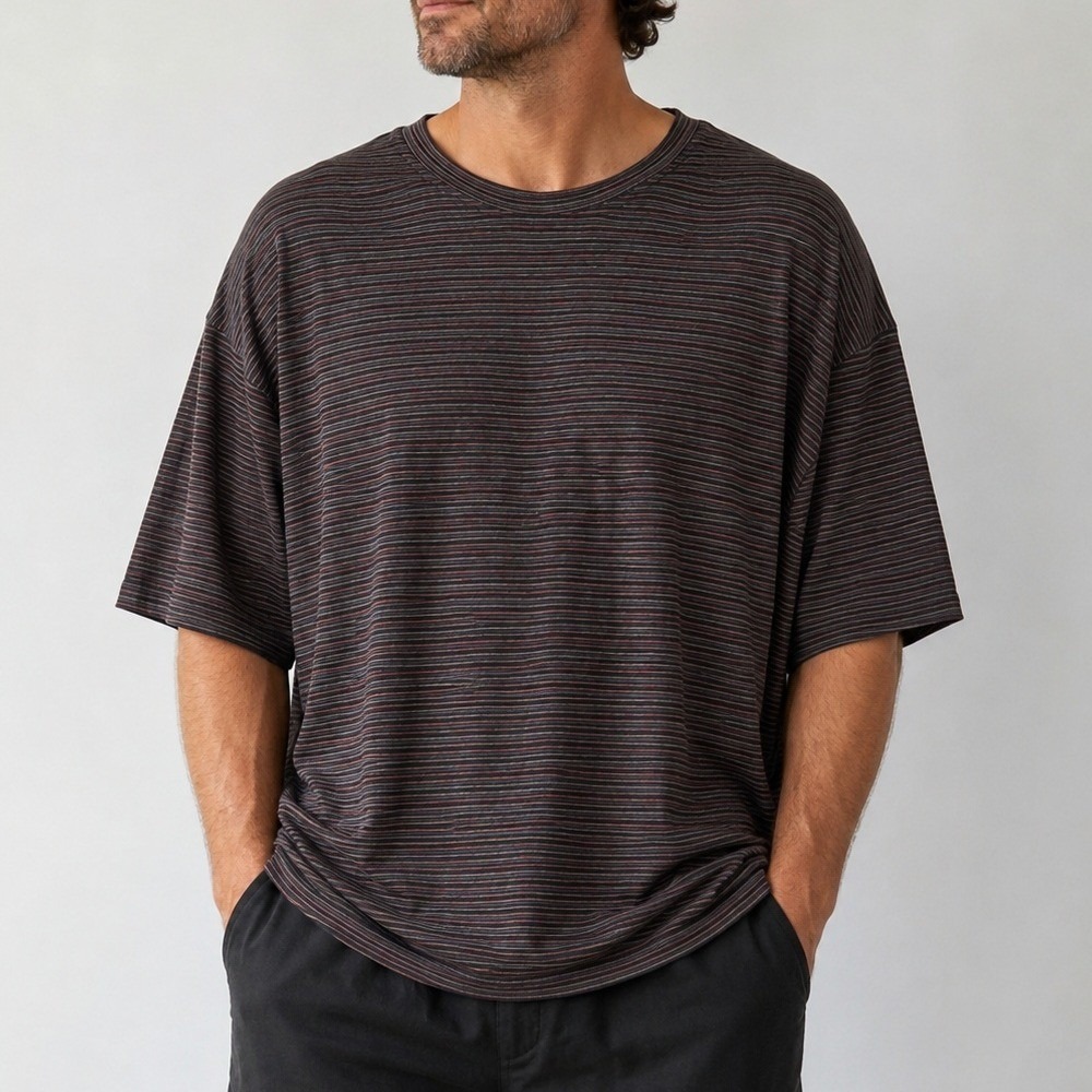 Jhane Barnes Vintage 90s Men XL 100% Silk Striped Short Sleeve Knit Tee Charcoal